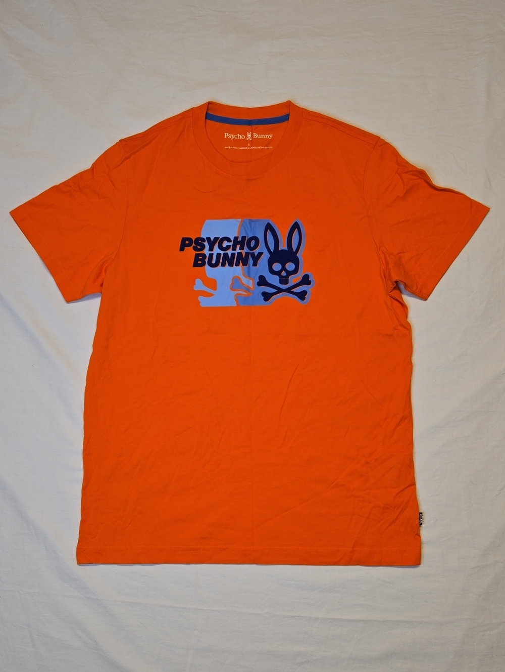 Psycho Bunny Orange Short Sleeve Logo Crewneck T-Shirt with Blue Graphic